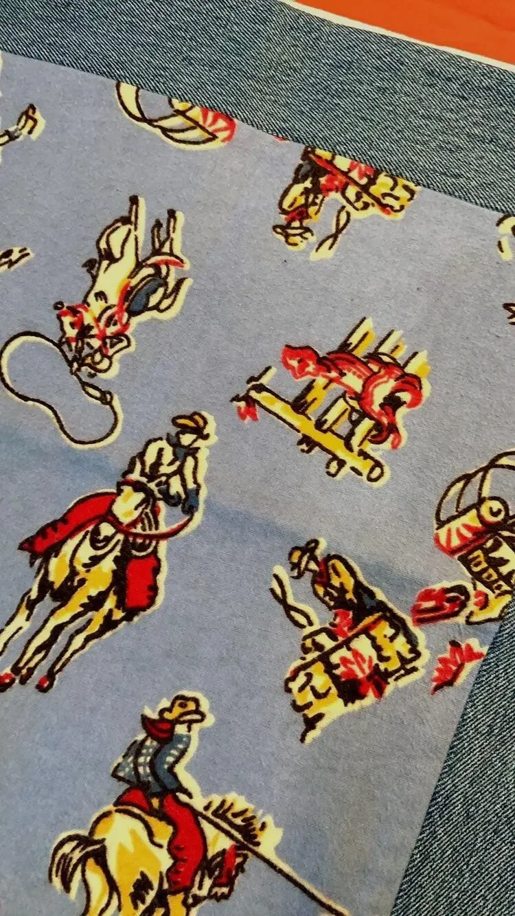Handmade Cowboy Print Pillow Sham, Vintage Blue Flannel, Denim Trim (16